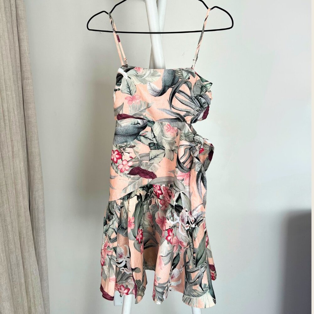 Guess linen dress, blush tropical print with side tie